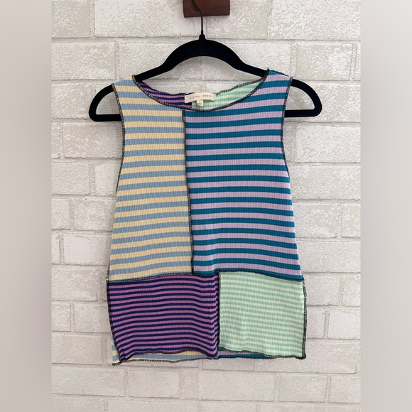 High Neck Pieced Tank Top GILDED INTENT Striped Color Block Sleeveless L #1886 - Picture 2 of 8